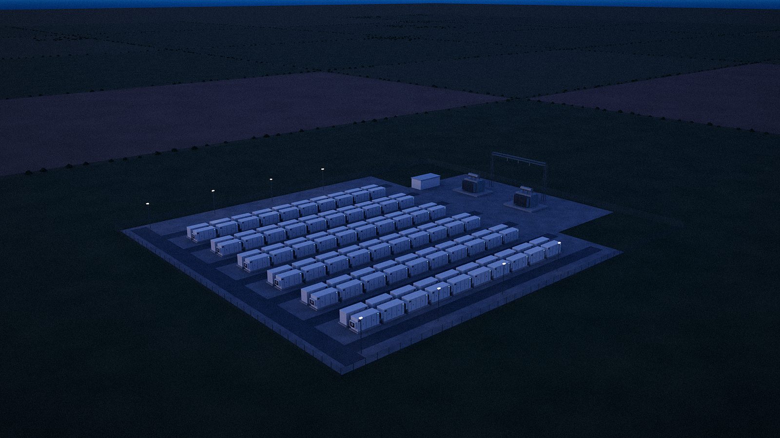 Battery storage site at dusk lit by perimeter lighting. Illustrative visualisation.