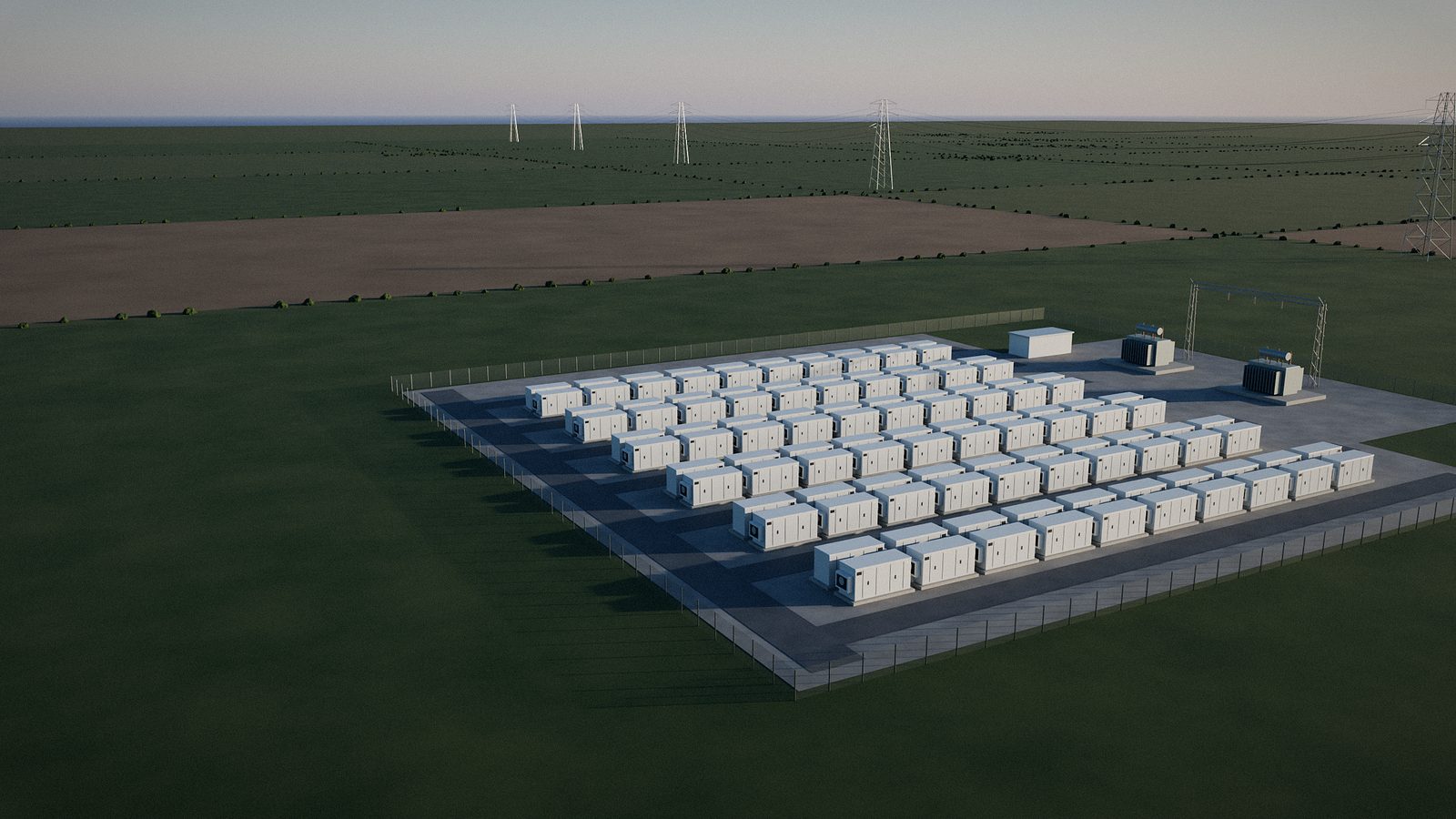 Aerial view of a utility scale battery energy storage site at dusk, with rows of battery enclosures, a substation and transmission pylons beyond. Illustrative visualisation.